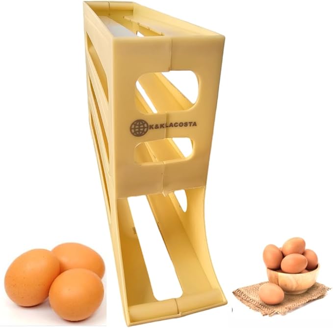 K&KLACOSTA 4 Tier Egg Tray, Automatic Egg Rolling Dispenser Rack for Storing Organizing Distributing and Rolling Eggs in Refrigerator Stackable, in Kitchens, Cabinets, Dining Tables Yellow