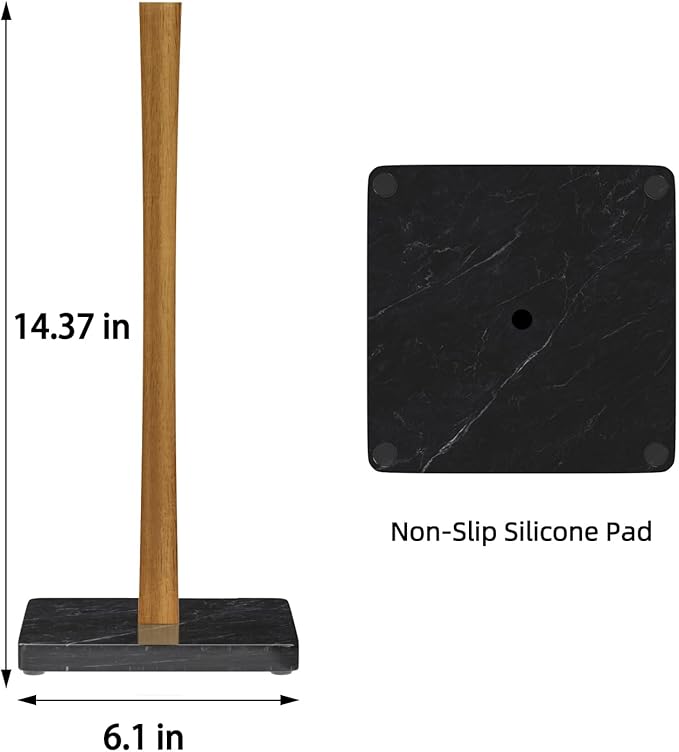 Buruis Wood Paper Towel Holder, Marble Base Modern Decorative Countertop Standing Rolls Holder for Kitchen, Toilet, Pantry and Bathroom (Square Marble Base Black)