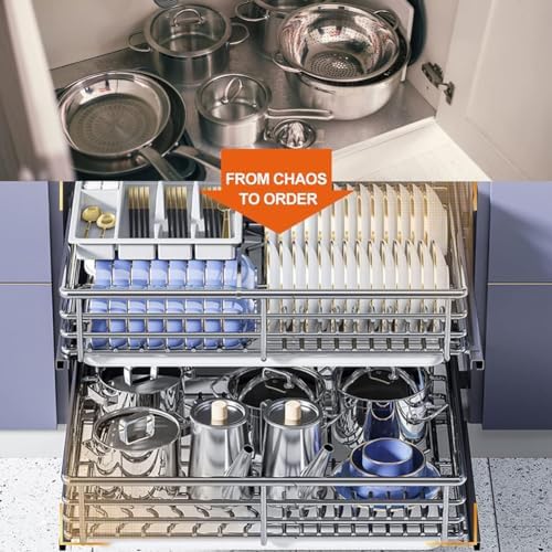 Stainless Steel Pull Out Drawers for Kitchen Cabinets - Slide-Out Wire Basket with Drain Pan & Damping Guide, Easy Assembly Cookware Organizer