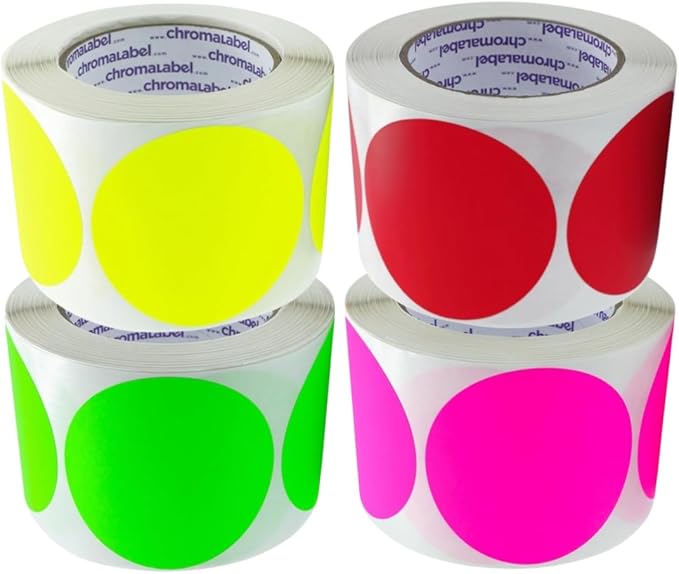ChromaLabel 3 Inch Removable Round Sticker Labels, Easy to Write On Labels - 500 Sticky Dots per Roll, Matte Finish Fluorescent Green, Fluorescent Yellow, Fluorescent Pink, and Red Dot Stickers