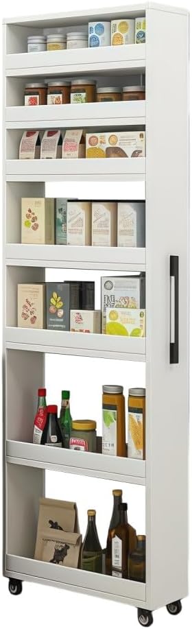 7 Tier Slim Rolling Storage Cart with Wheels, Narrow Storage Cabinet for Small Spaces, Mobile Spice Rack Organizer for Kitchen, Pantry, Baking Room, Dining Room(White,5.9"x17.7"x72.4")