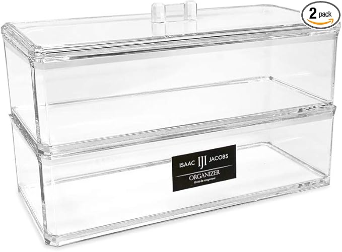 Isaac Jacobs Clear Acrylic Rectangular Stackable (2-Pack) Storage Organizer with Lid, Drawer Tray, Multi-Functional Tray, Bathroom, Kitchen, Home, Office, Desk, Drawers