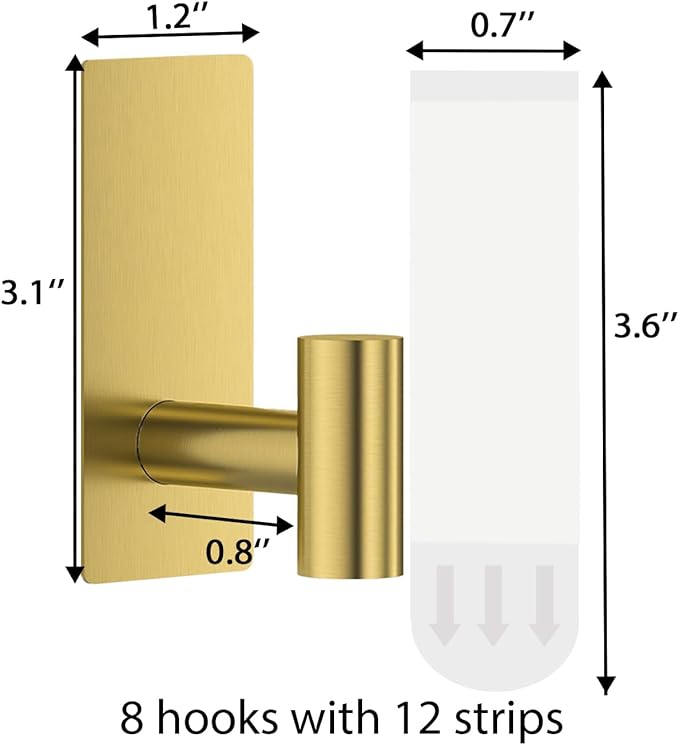 8 Pcs Towel Hooks Heavy Duty for Hanging，Adhesive Wall Hooks with Removable Strips，Sticky No Damage，Outdoor for Bathrooms，Shower，Stockings，Decor，Robe，Large，Gold 304 Stainless Steel