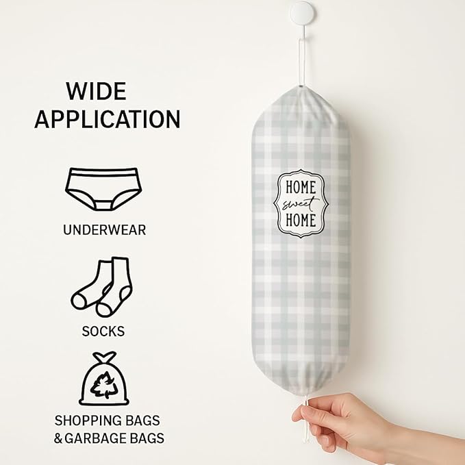 Plastic Bag Holder, Home Sweet Home Plastic Bag Holder for Kitchen Essentials, Beige Grid Bags Holders for Plastics Bags Groceries Store, Kitchen Gifts to Women Family Friends