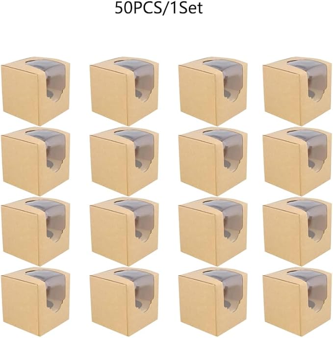 Generic 50PCS 2.5 × 2.5 × 2.5 inch mini Cake Boxes with Window Bakery Boxes Pastry Boxes for Cake, Pastries Chocolates Cupcakes (Kraft), 2.5CDGH