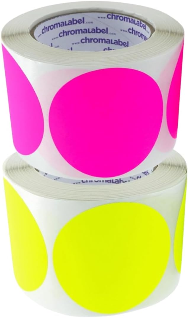 ChromaLabel 3 Inch Removable Circle Sticker Labels, Round Sticker Labels, Removable Sticky Dots - 500 Colored Dot Stickers per Roll, Fluorescent Pink and Fluorescent Yellow Label Stickers