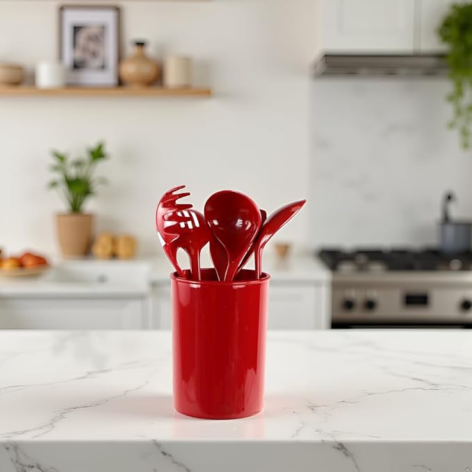Reston Lloyd 6 Piece Kitchen Utensil Holder for Kitchen Counter, Utensils Crock with Heat Resistant Spoon, Slotted Spoon, Ladle, Spatula BPA Free, Red