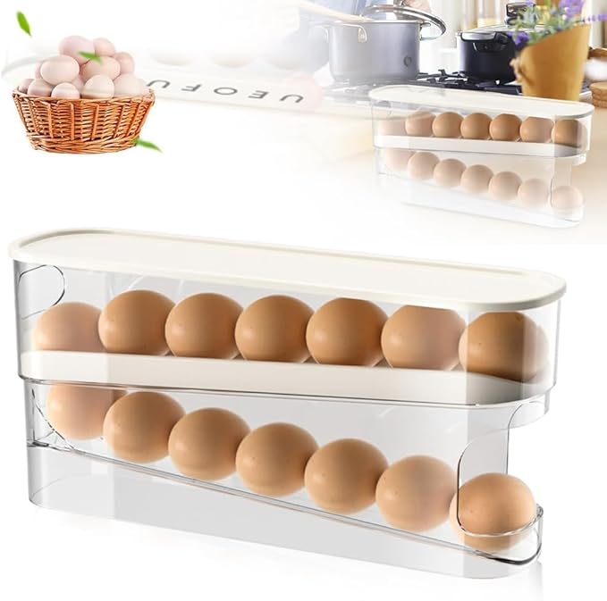 2 pcs Egg Rolling Carousel for Refrigerator, Stackable Egg Holder with Lid, Fridge Organizer and Storage Container