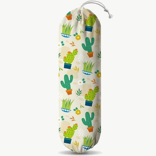 Plants Plastic Bag Holder, Cactus Fabric Garbage Trash Bag Dispenser for Home Kitchen Pantry Cabinet, Reusable Washable Shopping Bags Storage Carrier, Wall Mount, Kitchen Housewarming Gifts