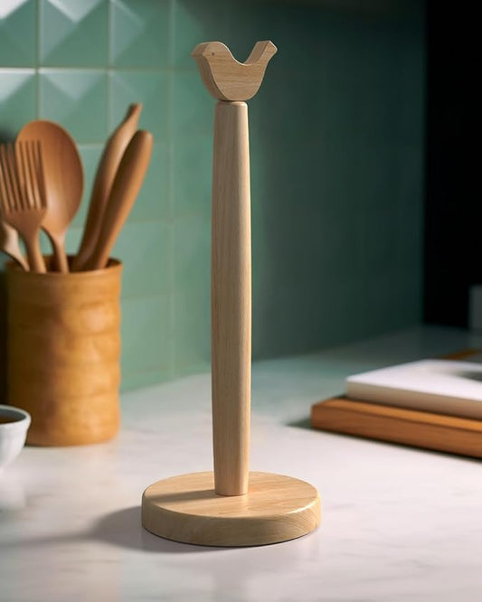 KitchLife Cute Wooden Paper Towel Holder Countertop - Solid Freestanding Paper Towel Dispenser Stand Organizer with Anti-Skid Base (Bird)