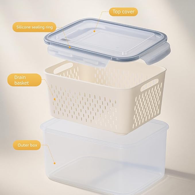 Havnddel 4 Pack Food Storage Containers with Lids – Refrigerator Organizer with Removable Colander & Drain Basket, Airtight Produce Saver for Fruits & Vegetables
