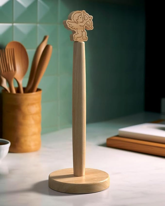 KitchLife Cute Wooden Paper Towel Holder Countertop - Solid Freestanding Paper Towel Dispenser Stand Organizer with Anti-Skid Base (Cupid)