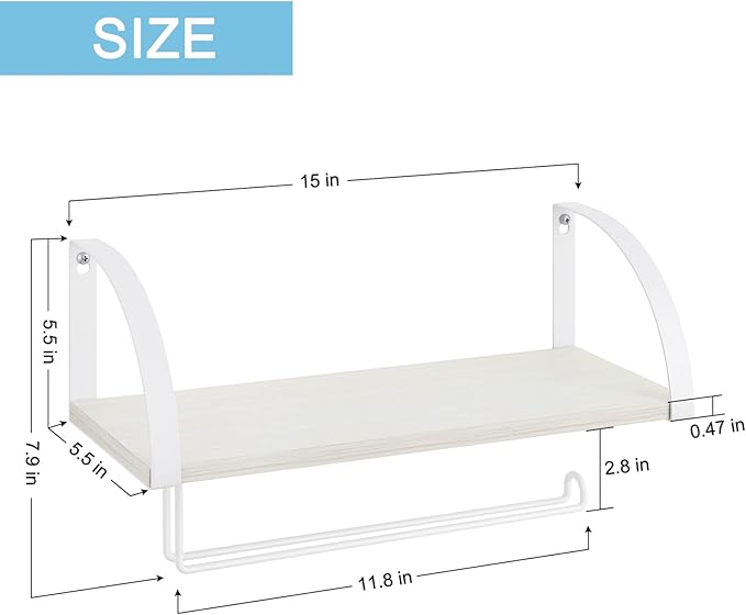 BTY Paper Towel Holder with Shelf Farmhouse Paper Towel Holder Wall Mount Spice Rack Wood Storage Shelf with Paper Towel Roll Holder for Kitchen Pantry Bathroom White