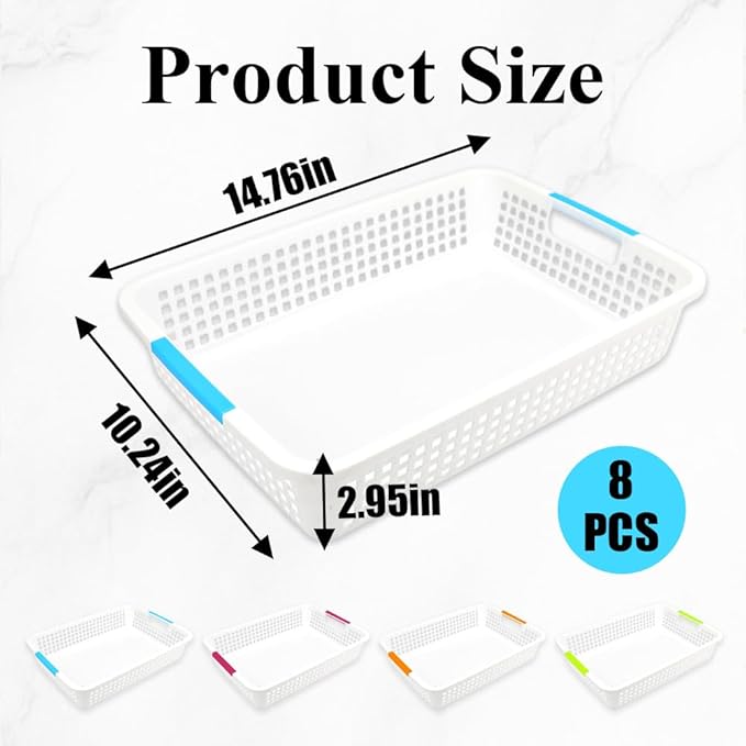 8 Pack Large Plastic Storage Baskets with Handles (15×10×3 Inch) - Pantry Organizer Bins, Desktop Paper Storage Baskets for Countertops, Cabinets, Bedrooms & Bathrooms
