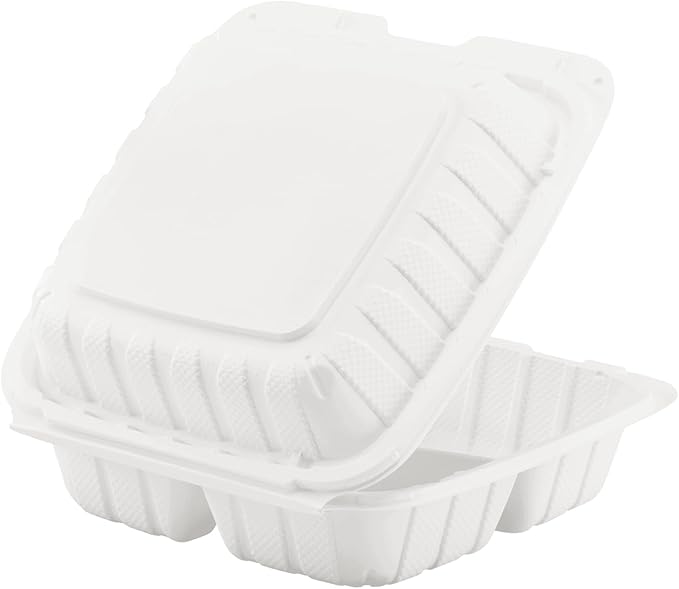 KARAT EARTH Clamshell Take Out Food Containers [8"x8" - 200 ct] To Go Containers | 3 Compartment, Soak-Resistant, Durable, Stackable | Vented for Hot/Cold Foods, White