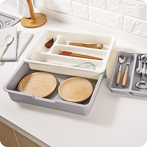 HornTide 3-in-1 Cutlery Tray, Expandable Utensils Holder, Plastic Kitchen Drawer Organizer for Silverware Storage and More - Blue