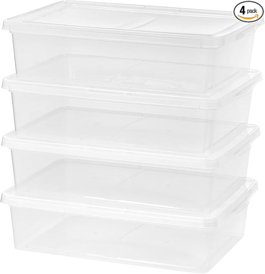 4-Pack Clear 28 Qt. Underbed Plastic Storage Bins with Snap-On Lids & Built-in Side Handles - Stackable, Lightweight, Easy to Carry for Underbed, Closets, Shelves, Pantries