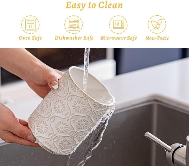 TEATALK Utensil Holder Set of 2, 7.7"+5.7" Ceramic Kitchen Utensil Holder for Countertop, Farmhouse Vintage Utensil Crock, 360° Rotating Large Utensil Organizer, White