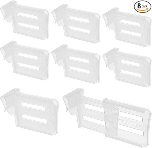 8 Pcs Adjustable Clear Fridge Divider Set, Retractable Fridge Door Organizer Clip, Snap-On Unexpanded: 3.1 x 1.9 Inches (8 x 5 cm) Expanded: 4.7 x 1.9 Inches (12 x 5 cm)