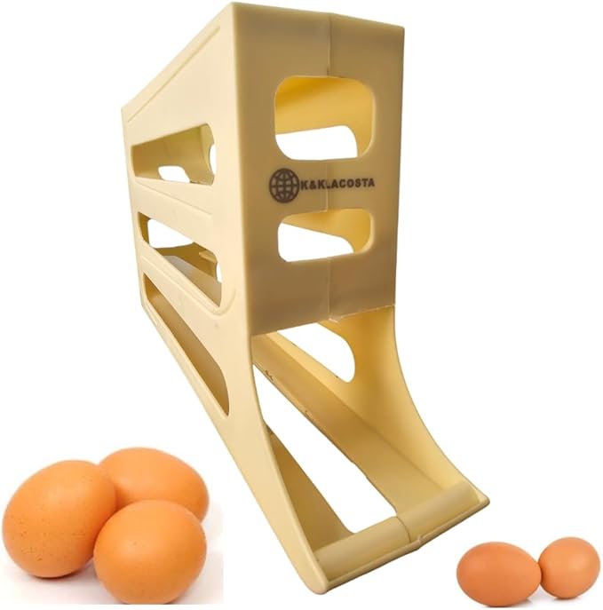 K&KLACOSTA 4 Tier Egg Tray, Automatic Egg Rolling Dispenser Rack for Storing Organizing Distributing and Rolling Eggs in Refrigerator Stackable, in Kitchens, Cabinets, Dining Tables Yellow