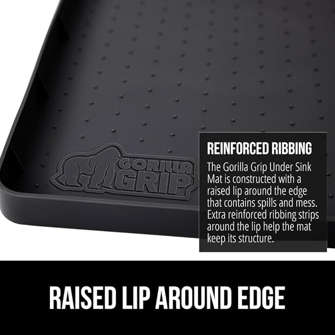 GORILLA GRIP Waterproof Silicone Under Sink Mat with Raised Lip for Kitchen and Bathroom, 28 x 22 in, Cabinet Shelf Liner Stay in Place Mats Dishwasher Safe Drawer Liner, Organizer Tray, Black
