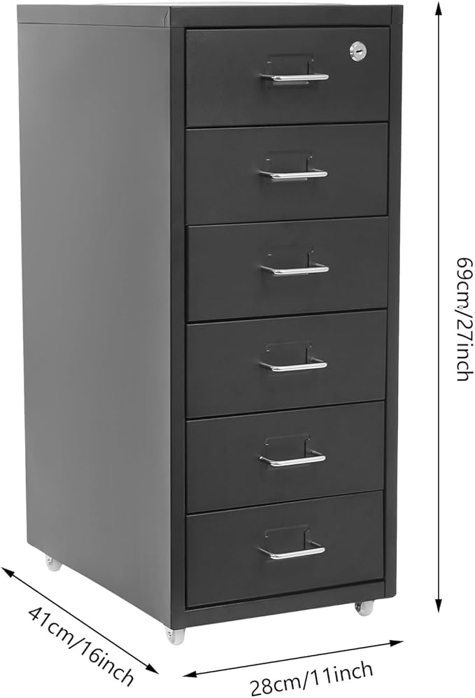 6-Drawer File Cabinet with Lock & Wheels, Vertical Metal Filing Cabinet for Home Office - Black Storage Organizer for A4/Letter Documents, Assembly Required