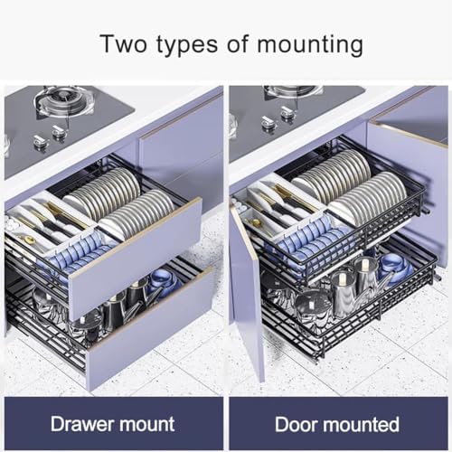 Stainless Steel Pull Out Kitchen Cabinet Drawers with Drain Pan & Damping Guide, Easy Assembly Slide-Out Organizer for Cookware & Utensils