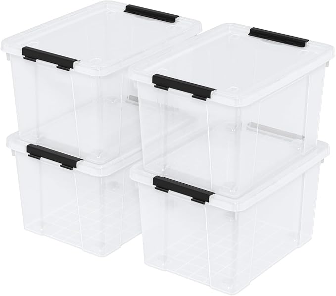 Parlynies 4 Pack 23 L Plastic Latching Storage Box with Wheels, Stackable Container Bin for Holiday Decorations and Accessories, Clear
