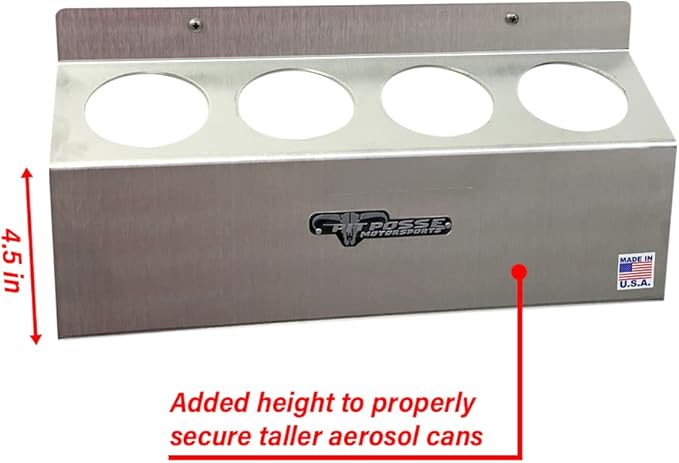 Pit Posse 303 Four Bottle Aerosol Spray Can Rack Shelf Holder 15.5" Caddy - Made in USA - Aluminum Enclosed Trailer Shop Garage Storage Organizer - Mounting Hardware Included (Silver)