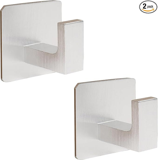 Vanloory Bathroom Towel Hooks, 2 Pack Self Adhesive Square Coat Hooks, Sturdy No Drilling Robe Hook, Heavy Duty Aluminum Clothes Hanger, Wall Hooks for Bathroom Bedroom Kitchen (Sliver, 2 Inch)