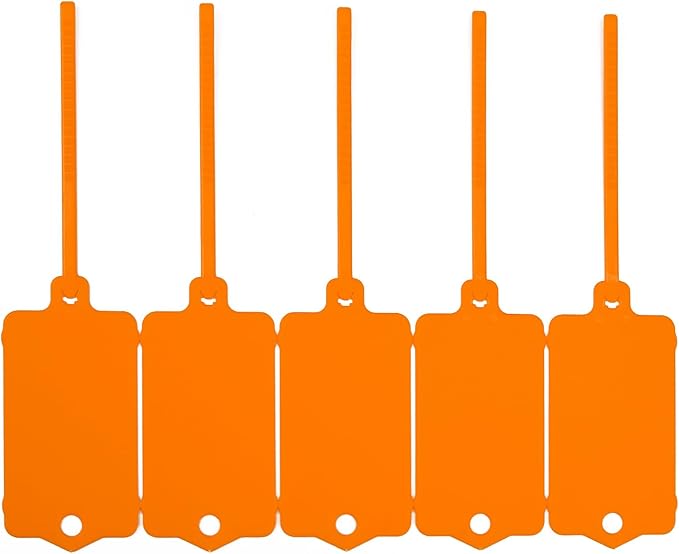 LeadSeals 100pcs Blank Plastic Tags for Labeling Reusable Hanging Tags Ties Key Tag Storage Labels Waterproof Plastic Mark Label Writable Hang Sign with One Marker Pen (Orange)