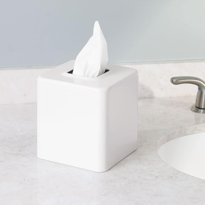 mDesign Metal Square Tissue Box Cover, Modern Facial Paper Holder - Accessories for Bathroom Vanity Countertop, Bedroom Dresser, Night Stand, Desk, Office, End Table - Unity Collection, 2 Pack - White