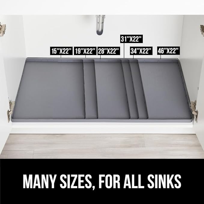 GORILLA GRIP Waterproof Silicone Under Sink Mat with Raised Lip for Kitchen and Bathroom, 46 x 22 in, Cabinet Shelf Liner Stay in Place Mats Dishwasher Safe Drawer Liner, Organizer Tray, Gray