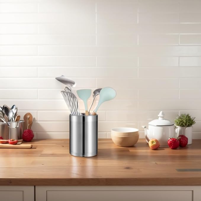 KSENDALO Stainless Steel Utensil Holder for Counter(3Pack), Brushed Silver Metal Utensil Crock Canister for Cooking Utensils on Countertop, with Heavy Base, Dishwasher Safe, Silver