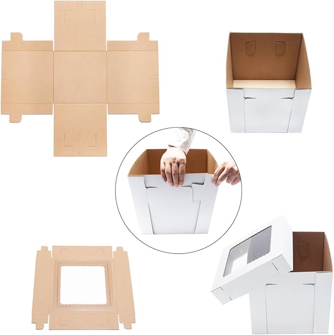 JJO Tall Cake Boxes for Tier Cakes, 14x14x12 Inches 4 Pack,White Bakery Boxes with Window,Disposable Cake Containers, Sturdy Wedding Tall Cake Carrier, Layer Cake Carrier