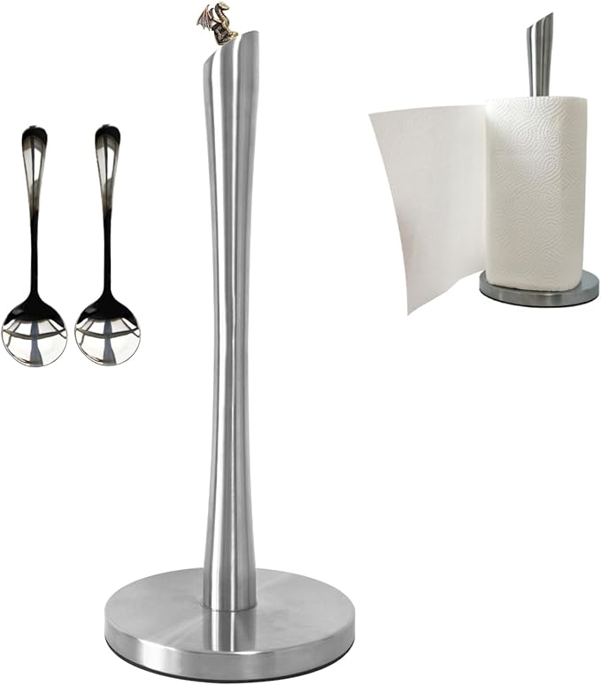 Paper Towel Holder countertop, Free-Standing Kitchen roll Holder for Kitchen Bathroom, Paper Towel Holder Stand Dispenser with Stainless Base Fits Standard (Silver-1)