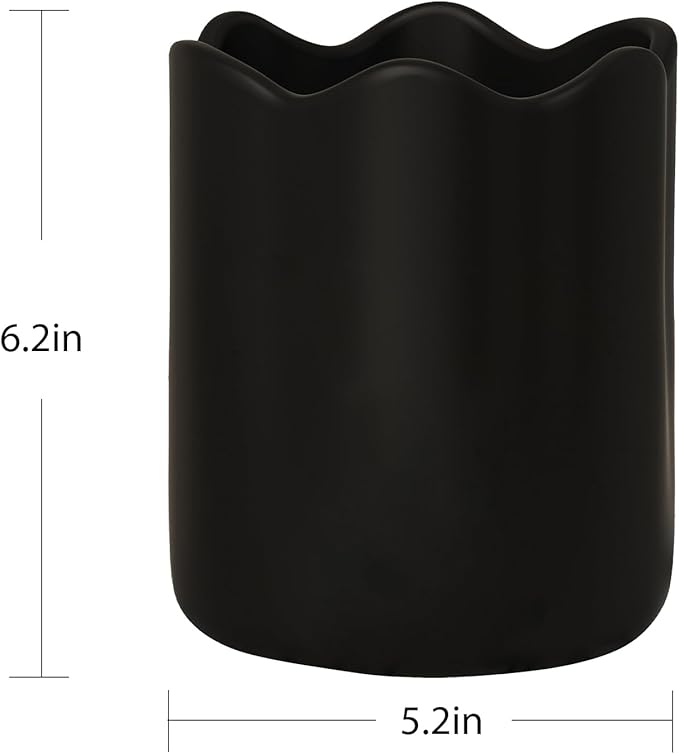Ceramic Utensil Holder for Kitchen Counter, 6.2" Kitchen Utensil Holder with Cork Bottom for Countertop, Modern Scalloped Cooking Tool Organizer for Spatula, Black