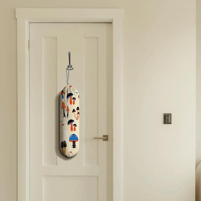 Mushroom Plastic Bag Holder, Reusable Hanging Shopping Bags Storage Organizer, Colorful Fabric Garbage Trash Bag Dispenser for Home Kitchen Pantry Cabinet, Wall Mount, Kitchen Housewarming Gifts