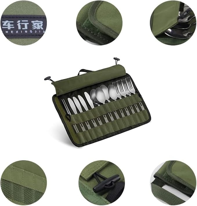 Cutlery Storage Bag,Portable Polyester Roll Up Pouch Bag For Forks, Spoons, Chopstick,Water Resistant Storage Kitchen Cooking Utensil Set Travel Organizer, Army Green