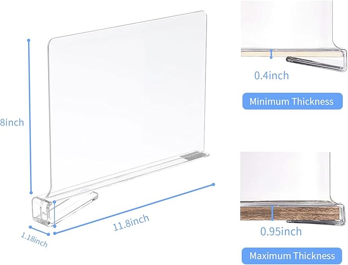 Adjustable Closet Shelf Dividers 8 Pack - Acrylic Vertical Organizer for Cabinets, Kitchen, Pantry (Clear)