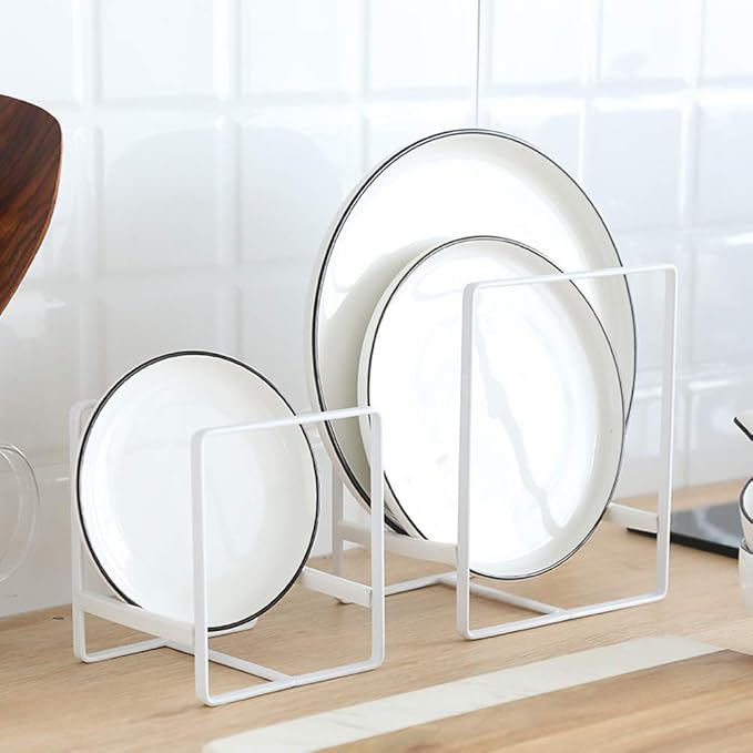2PCS Plate Holders Organizer, Metal Dish Storage Dying Display Rack for Cabinet, Counter and Cupboard - White