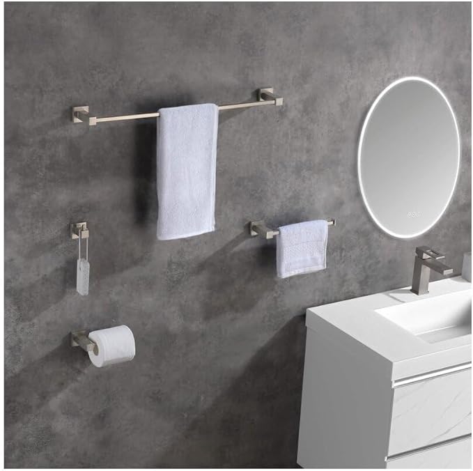 KIBI Cube 5-Piece Bathroom Hardware Set | Includes 24-Inch Towel Bar, Towel Ring, Toilet Paper Holder, and Robe Hooks | Wall-Mounted Solid Brass Accessories | Brushed Nickel, C-KBA15-5