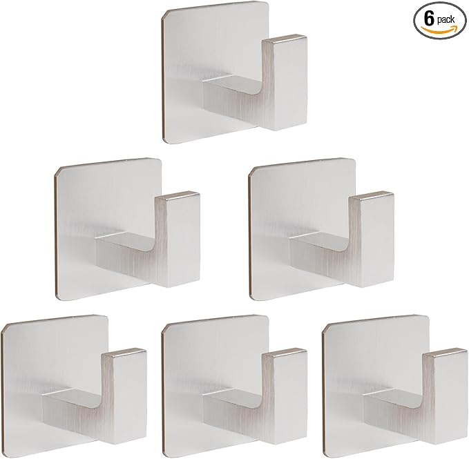 Vanloory Bath Towel Hooks, 6 Pack Self Adhesive Square Coat Hooks, Sturdy No Drilling Robe Hook, Heavy Duty Aluminum Clothes Hanger, Wall Hooks for Bathroom Bedroom Kitchen (2 in, Silver)
