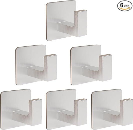 Vanloory Bath Towel Hooks, 6 Pack Self Adhesive Square Coat Hooks, Sturdy No Drilling Robe Hook, Heavy Duty Aluminum Clothes Hanger, Wall Hooks for Bathroom Bedroom Kitchen (2 in, Silver)