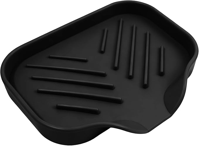 Sponge Holder with Drain Spout, 4.7" x 3.6" Bathroom and Kitchen Sink Organizer, Dish Soap Tray for Sponges, Scrubbers, Dispensers, Dish Brushes, Spoons & Other Sink Items, Dishwasher Safe (Black)