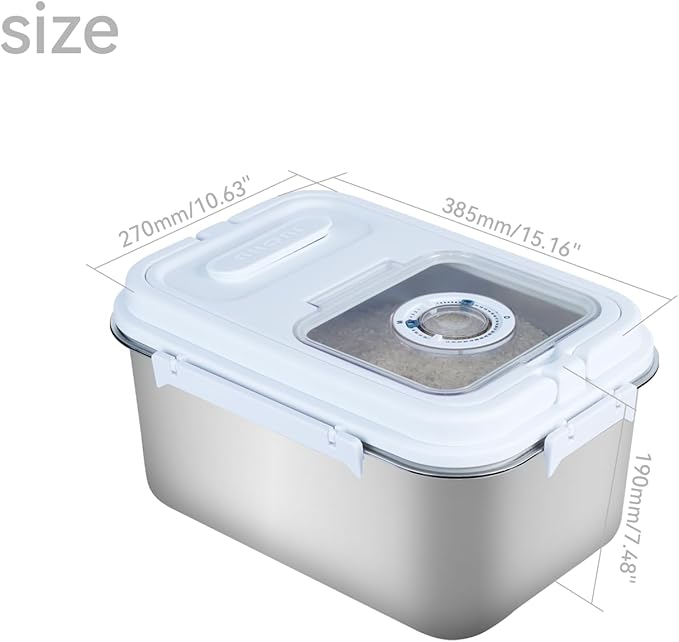 Airtight Stainless Steel Food Storage Container 20lb - Kitchen & Pantry Canister for Rice, Flour, Sugar, Baking Supplies with Measuring Cup & Spoon (Silver)