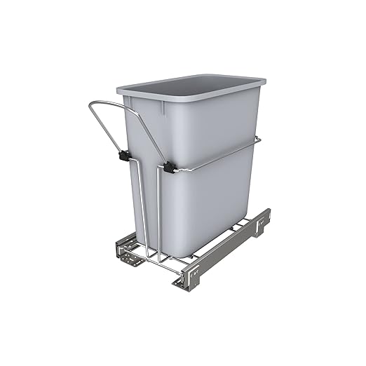 Rev-A-Shelf 20 Quart Pullout Kitchen Cabinet Metal Wire Sliding Universal Trash Can with Rear Basket for Waste Disposal and Organization RUKD-1420RB-1