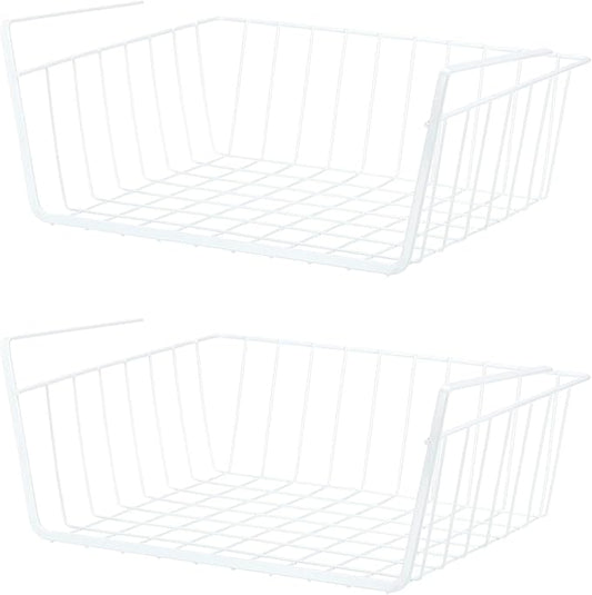 PATIKIL Under Shelf Basket, 2 Pack Small Sliding Under Cabinet Shelf Hanging Metal Storage Rack Organizer Space Saving for Kitchen Pantry Bookshelf 13"L x 10.2"W x 4.7"H, White