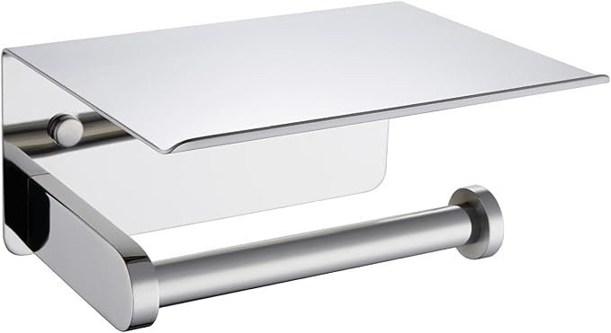 APLusee Toilet Paper Holder with Phone Shelf Polished Chrome, SUS 304 Stainless Steel Bathroom Accessories Tissue Roll Dispenser Storage Wall Mounted