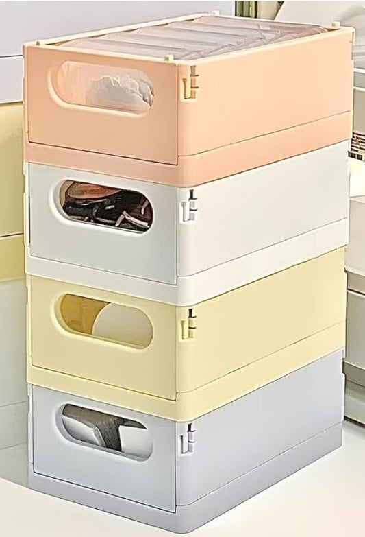 4 Pack Plastic Storage Collapsible Crate Organizer Basket Bin for Organizing Desk Drawer Shelf for Home Kitchen Bedroom Bathroom and Dorm Storage, 9.8x6.5x3.8in, Colorful